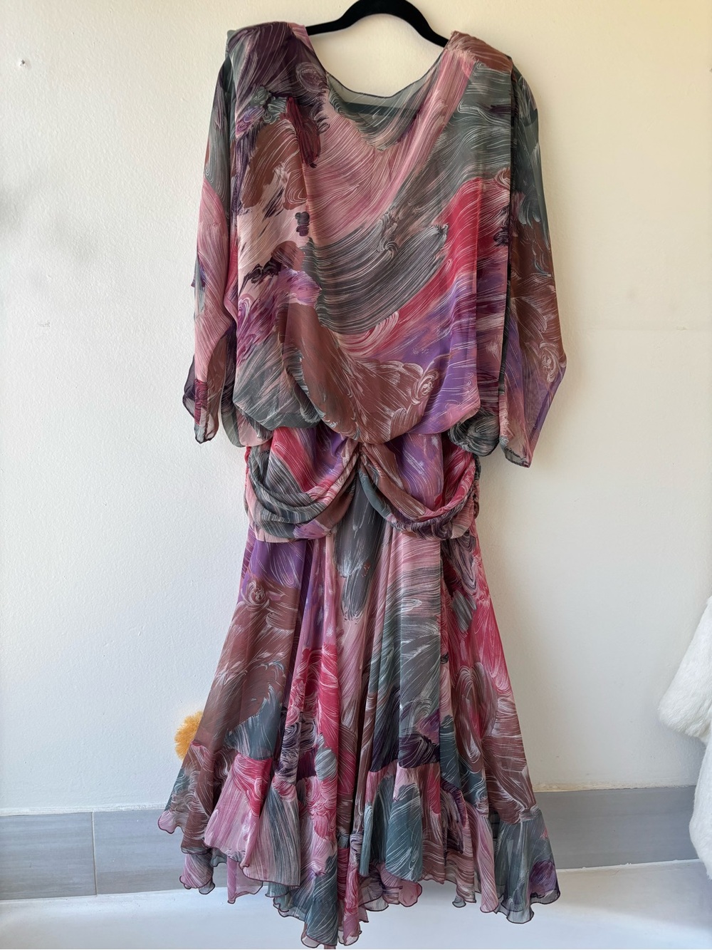 Flowing Pink & Gray Swirl Maxi Dress